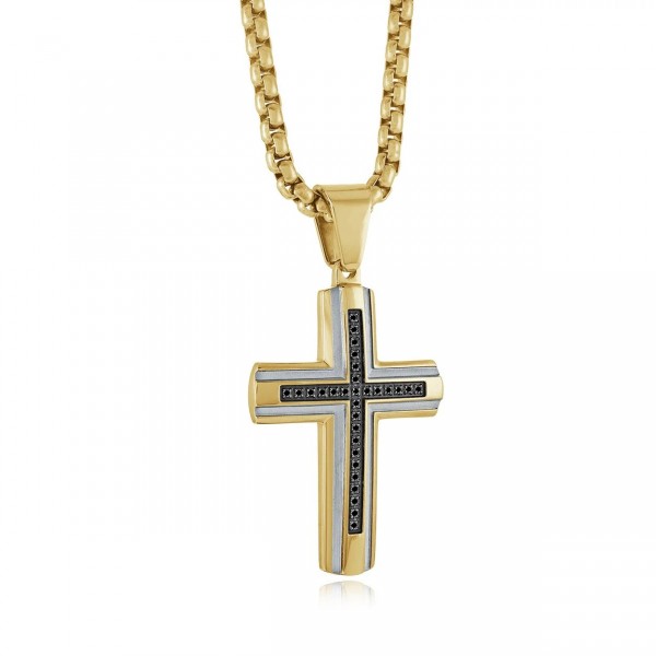GOLD PLATED STAINLESS STEEL BLACK CZ CROSS NECKLACE