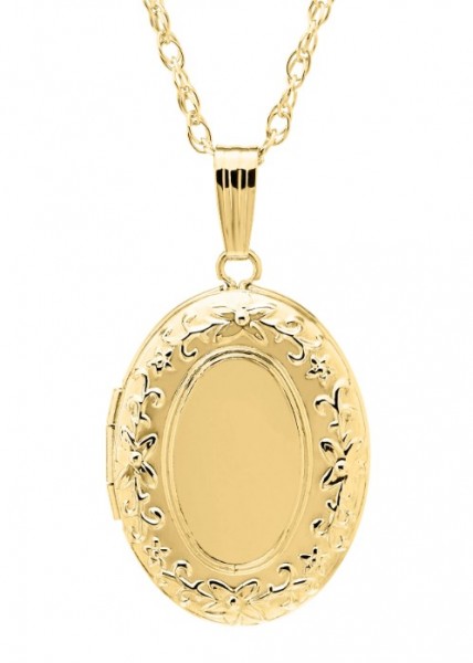 14K GOLD FILLED OVAL FLORAL LOCKET ON A GOLD FILLED ROPE CHAIN