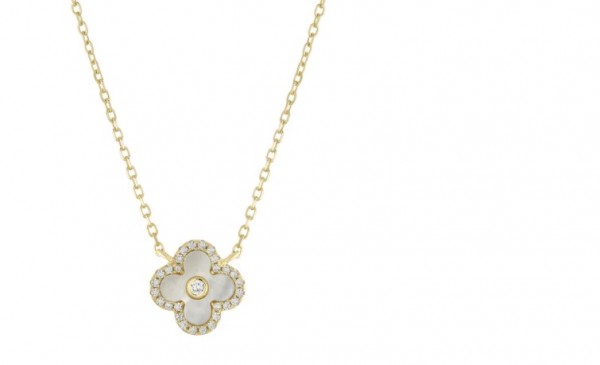 STERLING SILVER GOLD PLATED MOTHER OF PEARL CUBIC ZIRCONIA CLOVER NECKLACE