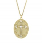 STERLING SILVER GOLD PLATED MATTE CUBIC CIRCONIA CROSS DISC NECKLACE