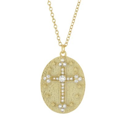 STERLING SILVER GOLD PLATED MATTE CUBIC CIRCONIA CROSS DISC NECKLACE