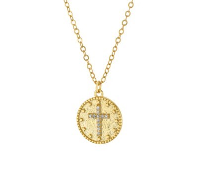 STERLING SILVER GOLD PLATED ROUND MATTE DISC CUBIC ZIRCONIA CROSS PENDANT