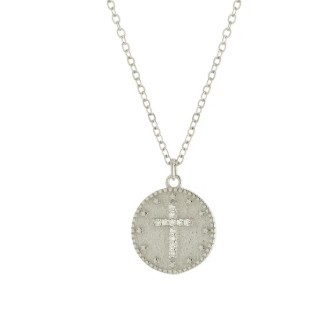 STERLING SILVER ROUND MATTE CUBIC ZIRCONIA CROSS NECKLACE