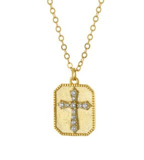 STERLING SILVER GOLD PLATED MATTE CUBIC ZIRCONIA CROSS NECKLACE