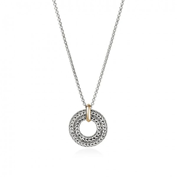 STERLING SILVER AND 14K GOLD ICON LINK ROUND PENDANT NECKLACE
