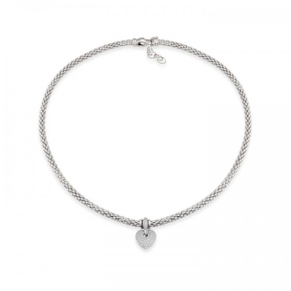 STERLING SILVER & RHODIUM CUBIC ZIRCONIA PUFF PAVE HEART NECKLACE