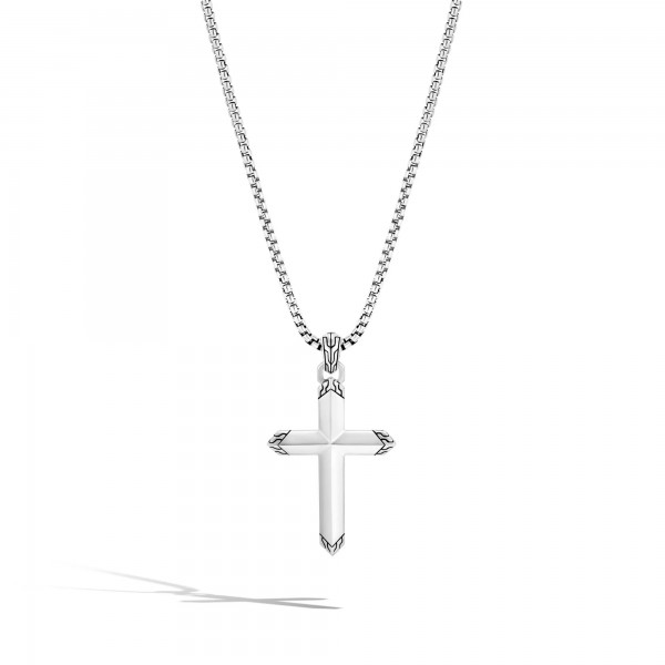 JOHN HARDY MENS STERLING SILVER CARVED CROSS BOX CHAIN NECKLACE