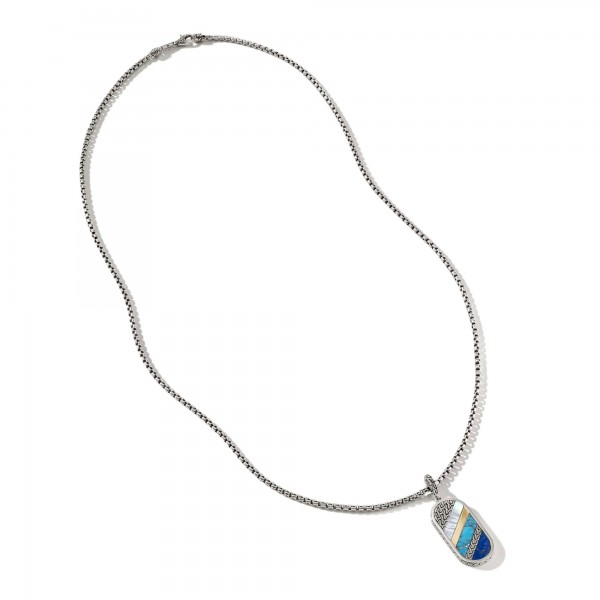JOHN HARDY MENS STERLING SILVER AND GOLD MOTHER OF PEARL, TURQUOISE, LAPIS AND BLUE MATRIX PENDANT
