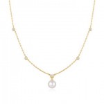 STERLING SILVER GOLD PLATED GOLD BEZEL SET STATION NECKLACE WITH A SHELL PEARL PENDANT