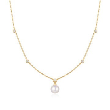 STERLING SILVER GOLD PLATED GOLD BEZEL SET STATION NECKLACE WITH A SHELL PEARL PENDANT