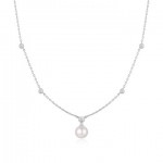 STERLING SILVER BEZEL SET STATION NECKLACE WITH PEARL PENDANT