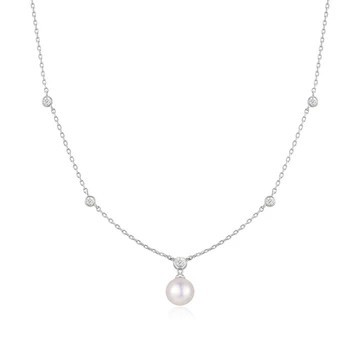 STERLING SILVER BEZEL SET STATION NECKLACE WITH PEARL PENDANT