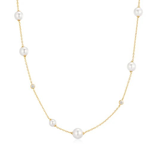 STERLING SILVER GOLD PLATED ASYMMETRIC SHELL PEARL STATION NECKLACE