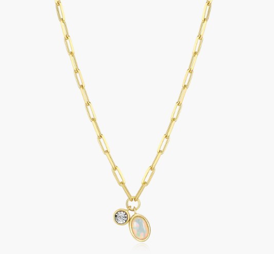 STERLING SILVER GOLD PLATED OPAL & LAB GROWN DIAMOND BIRTHSTONE PAPERCLIP PENDANT