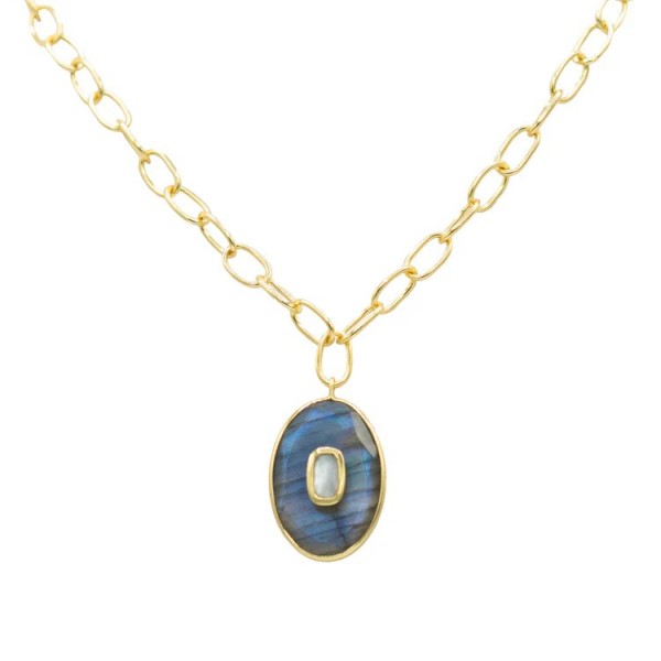 24K GOLD PLATE CLARISSA LABRADORITE & MOTHER OF PEARL STATEMENT NECKLACE