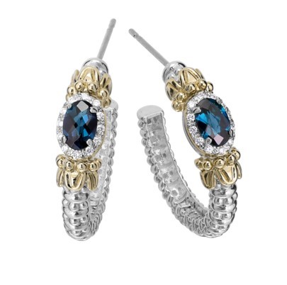 VAHAN STERLING SILVER & 14K LONDON BLUE TOPAZ AND DIAMOND HOOP EARRINGS