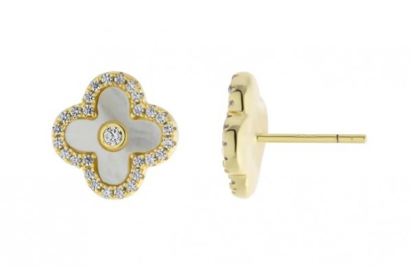 STERLING SILVER GOLD PLATED CUBIC ZIRCONIA AND MOTHER OF PEARL CLOVER EARRINGS