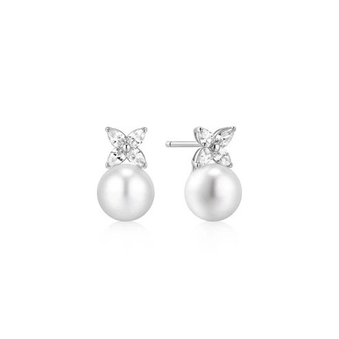 STERLING SILVER GOLD PLATED SHELL PEARL & LUCKY CLOVER STUD EARRINGS