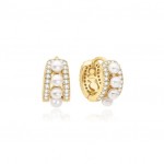STERLING SILVER GOLD PLATED GOLD SPARKLING SHELL PEARL ROW HUGGIE EARRINGS