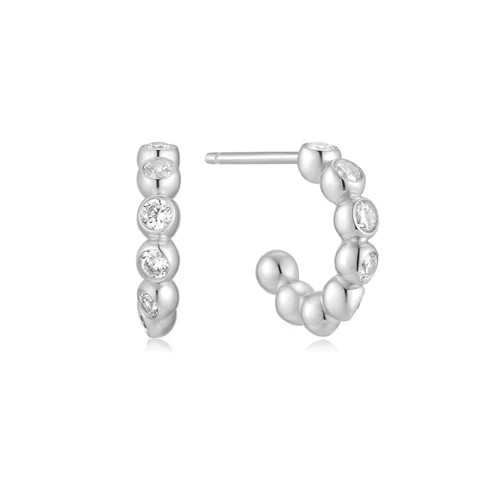 STERLING SILVER BEZEL BEADED HUGGIE HOOP EARRINGS