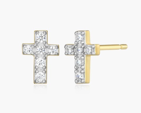 STERLING SILVER GOLD PLATED LAB GROWN DIAMOND CROSS STUD EARRINGS