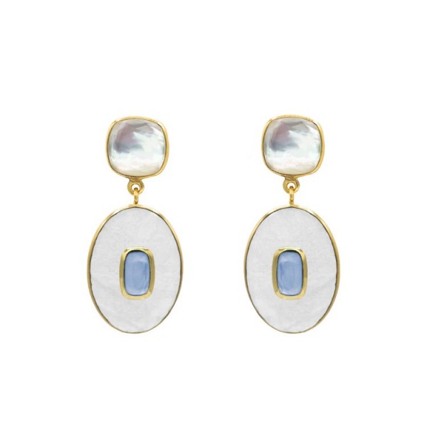 24K GOLD PLATED BISA MOTHER OF PEARL & TANZANITE STATEMENT EARRINGS