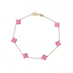 14K YELLOW GOLD TIFFANY PINK AGATE CLOVER STATION BRACELET