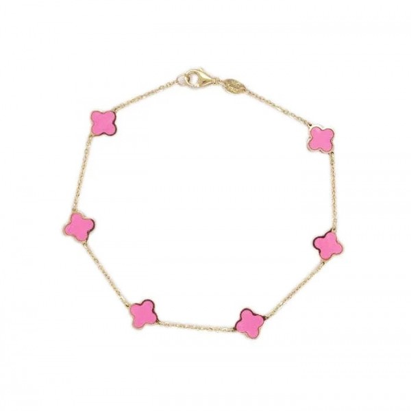 14K YELLOW GOLD TIFFANY PINK AGATE CLOVER STATION BRACELET