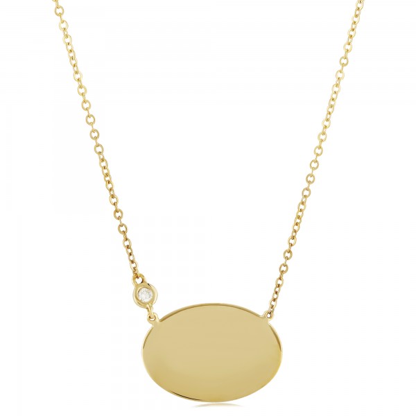 14K Yellow Gold Oval Disc Necklace With Diamond Accent Chain