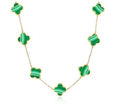14K YELLOW GOLD MALACHITE CLOVER STATION NECKLACE