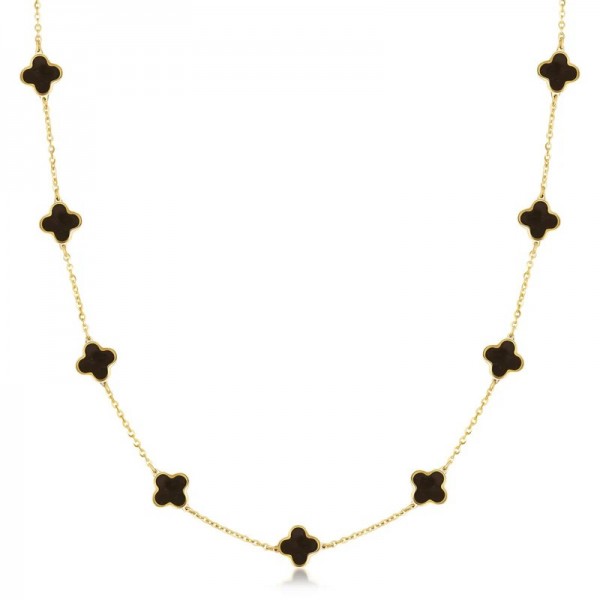 14K YELLOW GOLD ONYX CLOVER NECKLACE