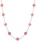 14K YELLOW GOLD PINK AGATE CLOVER NECKLACE