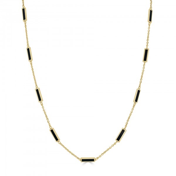 14K YELLOW GOLD ONYX STATION BAR NECKLACE