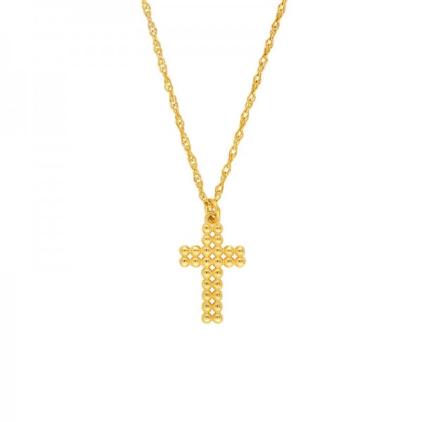 14K YELLOW GOLD BEADED CROSS NECKLACE ON AN ADJUSTABLE CHAIN