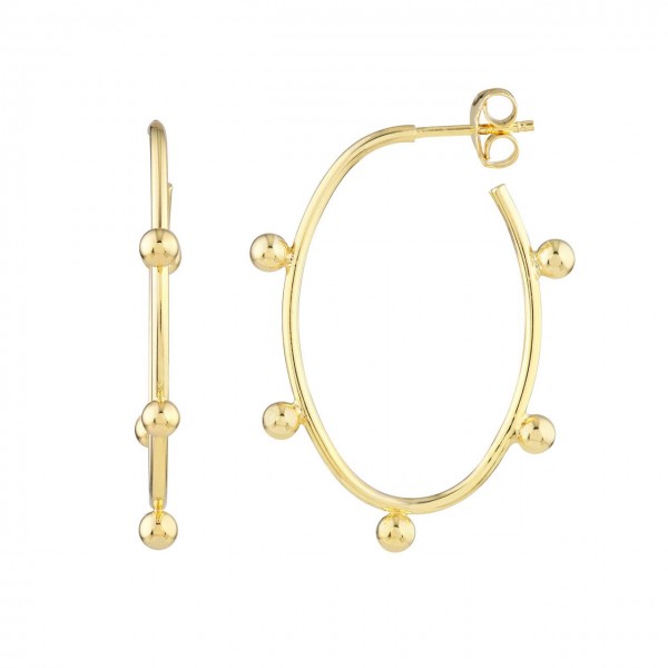 14K YELLOW GOLD 28MM OVAL HOOP EARRINGS WITH 3MM BEADS