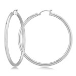 14K WHITE GOLD TUBE HOOP EARRINGS 3X50MM
