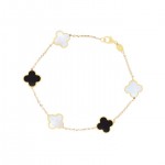 14K YELLOW GOLD MOTHER OF PEARL & ONYX CLOVER STATION BRACELET