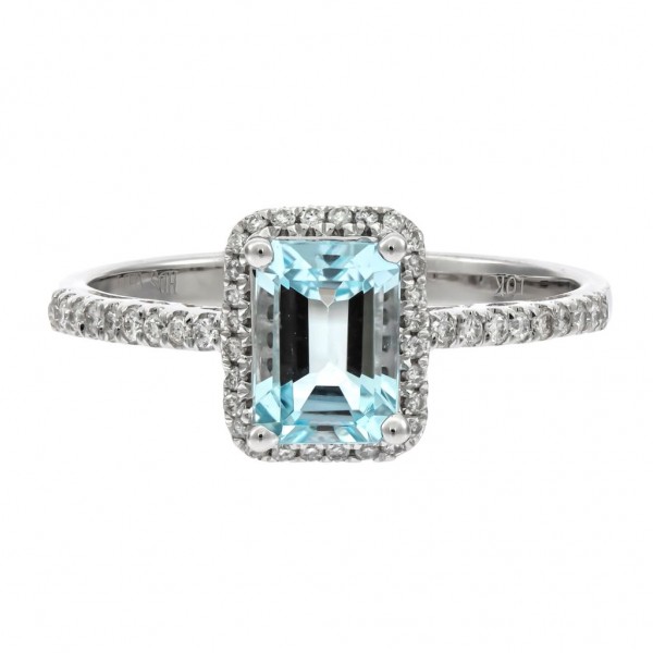 10K WHITE GOLD DIAMOND AND AQUAMARINE RING