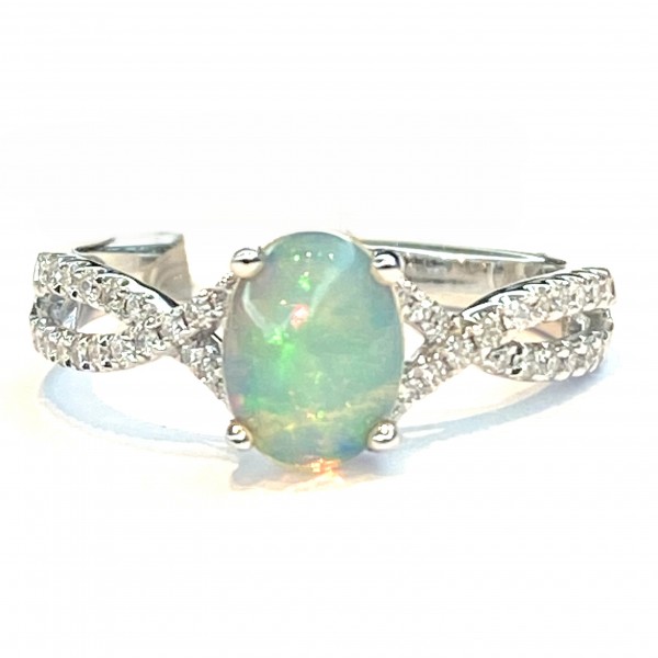 10K WHITE GOLD OVAL OPAL AND DIAMOND TWIST RING