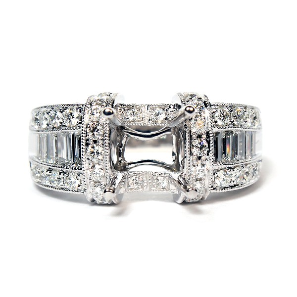 18K White Gold Baguette Diamond Pavc) Semi-Mount Engagement Ring