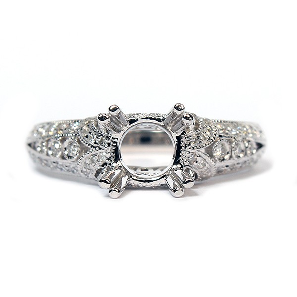 Antique-Style 14K White Gold Diamond Semi-Mount Engagement Ring