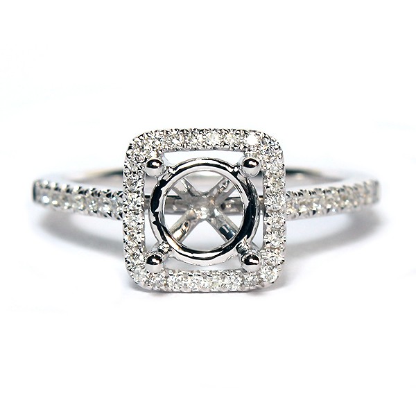 14K White Gold Diamond Semi-Mount Engagement Ring With Square Halo