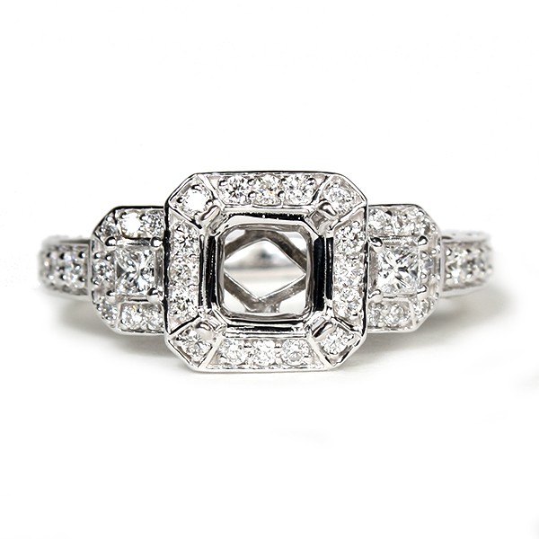 14K White Gold Diamond Semi-Mount Three-Stone Engagement Ring