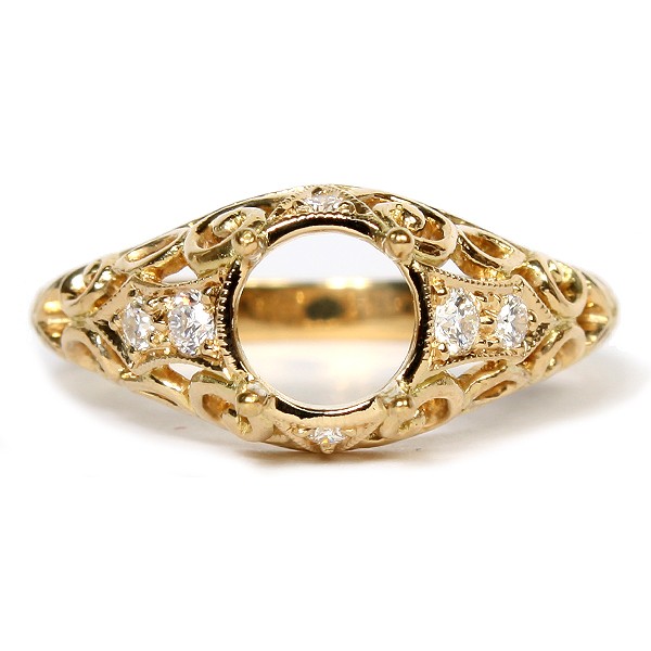18K Yellow Gold Domed Filigree Diamond Semi-Mount Engagement Ring