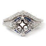 14K White Gold Vintage Style Sapphire and Diamond Semi-Mount Engagement Ring
