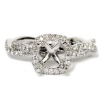 14K White Gold Semi-Mount Engagement Ring with Cushion Halo and Twist Shank