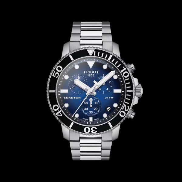 Tissot 40mm Seastar Chronograph  with Blue Dial and Black Bezel
