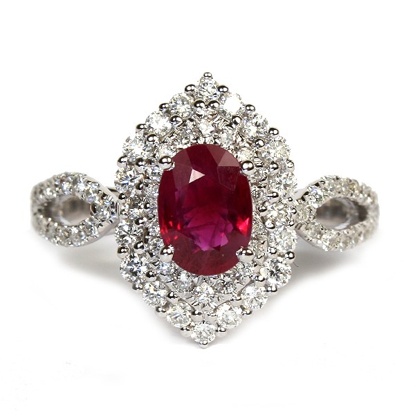 18K White Gold Oval Ruby and Diamond Ring with Marquis-Shaped Halo
