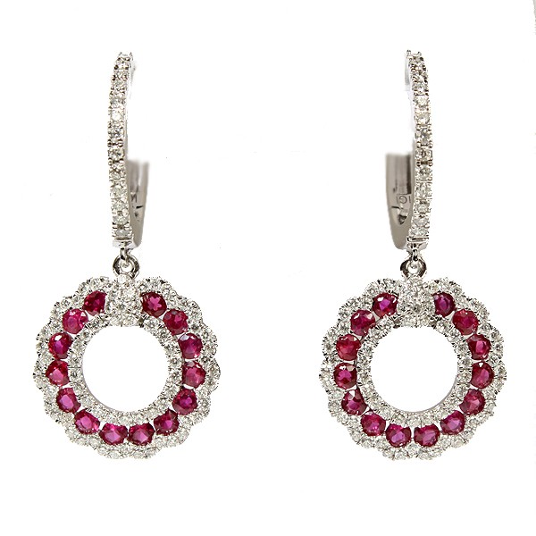 14K White Gold Ruby and Diamond Circle Earrings