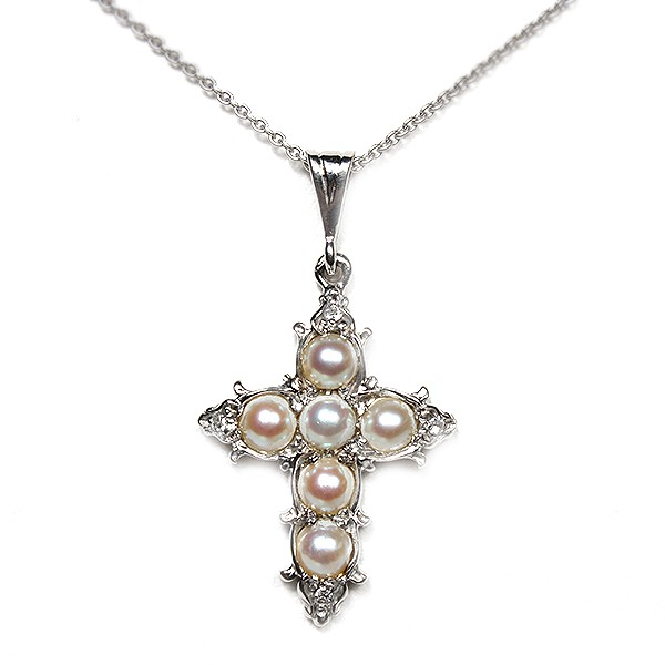14K White Gold Pearl And Diamond Cross Pendant